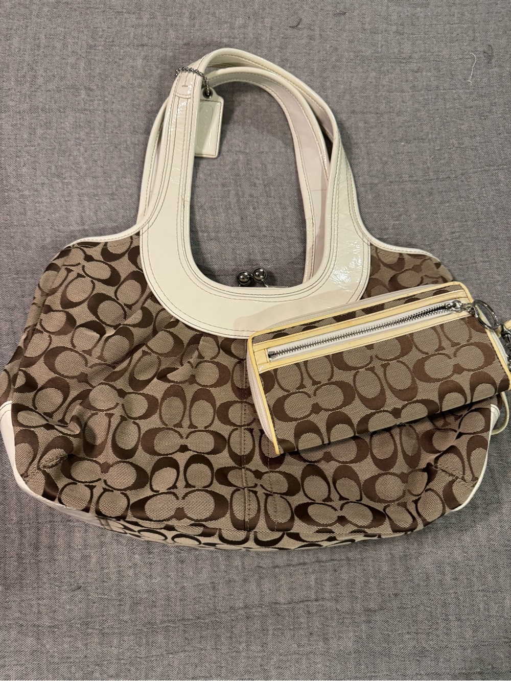 Coach Designer-Inspired Brown Monogram Tote with Cream Trim and matching wallet